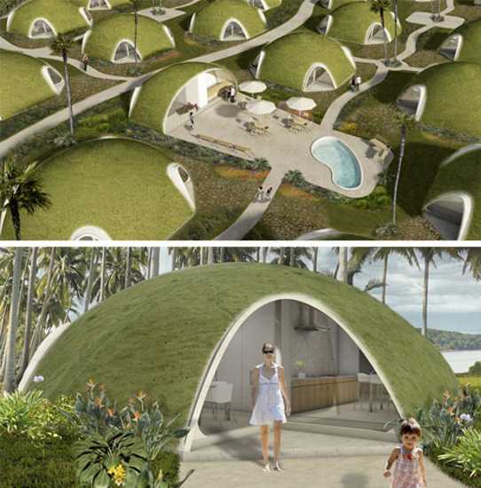 curvy houses with green rooftop