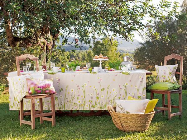 dining table with floral tablecloth