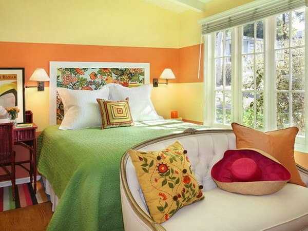 orange interior paint and green blanket