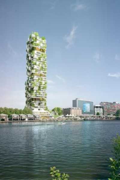 residential tower with small gardens in spring