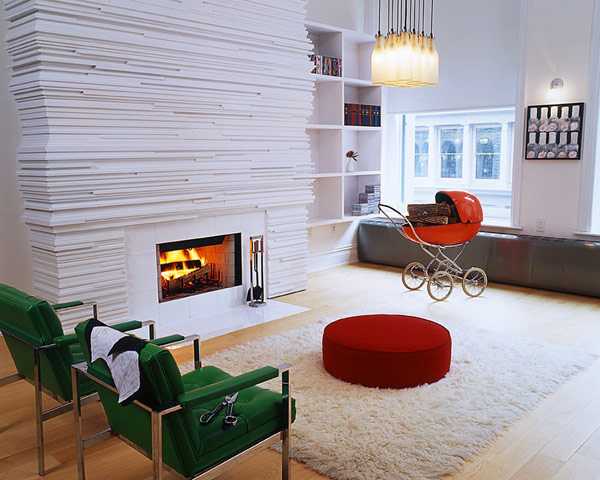 white painted wood fireplace and chairs