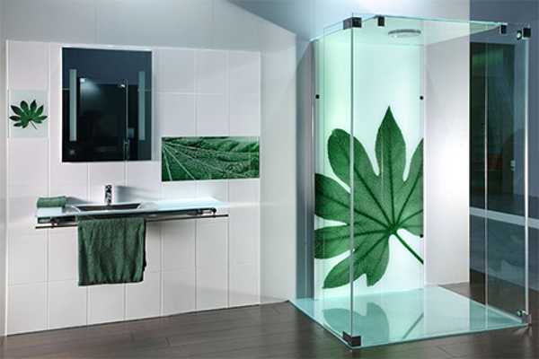 glass shower enclosure with green leaf pattern