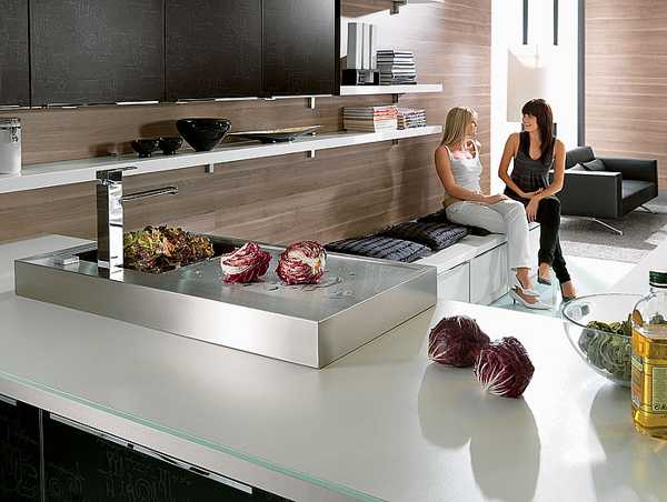 glass and stainless steel kitchen island