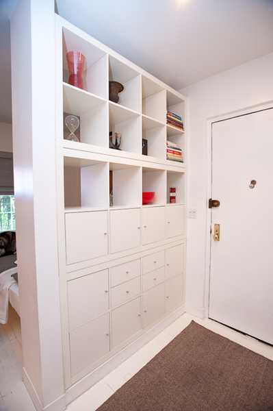 room divider with storage shelves