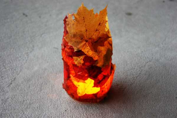 glass jar candle holder with fall leaves