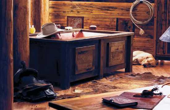 modern bathroom tub built into wood and copper cabinet