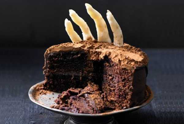 chocolate cake with fingers made of white chocolate