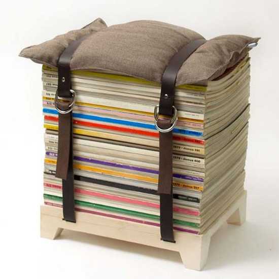 designer furniture, stool made of old magazines