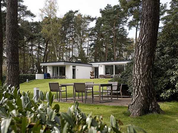 waterfront property with pine trees