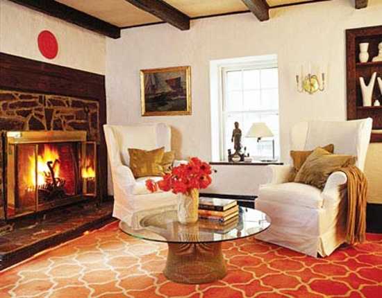 orange floor carpet and brown furniture