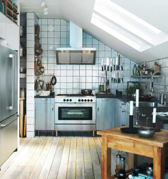 small kitchen design with inclined ceiling