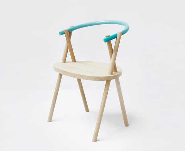 wood chair with steel rod back rest in turquoise color