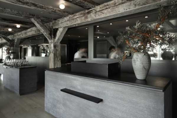 wooden beams and posts with dining room decorating in gray color