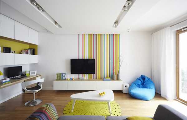 living room with colorful accent wall design