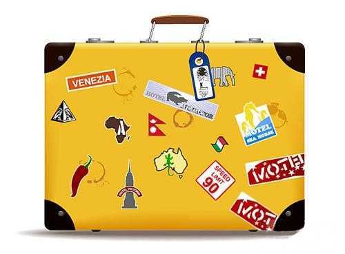 bright yellow suitcase with colorful designs