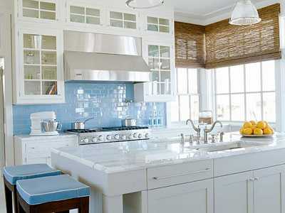 classic kitchen design with blue tile backsplash