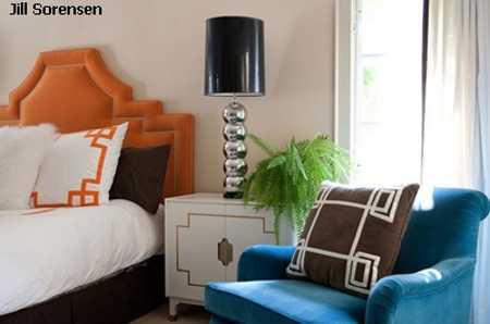 blue chair, orange bed headboard, black and white bedroom decorating ideas