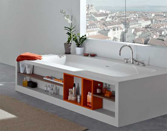 bathrub with storage shelves