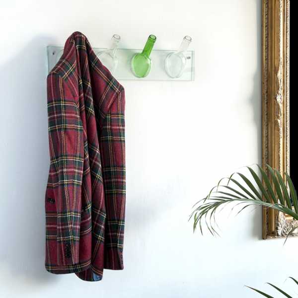 storage rack with glass hooks made of bottles