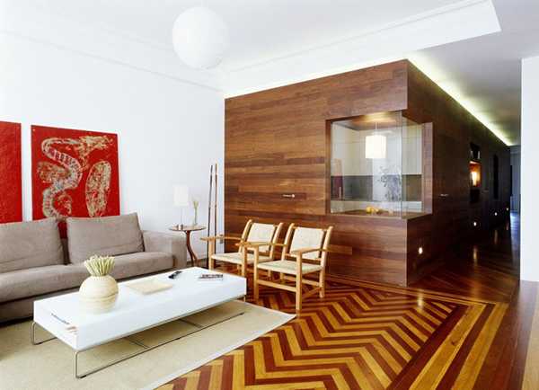 wooden walls with corner window from kitchen to living room