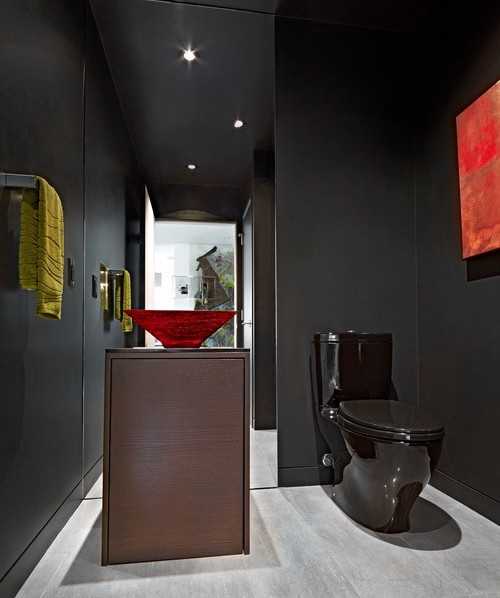 black bathroom wall and black toilet with red sink