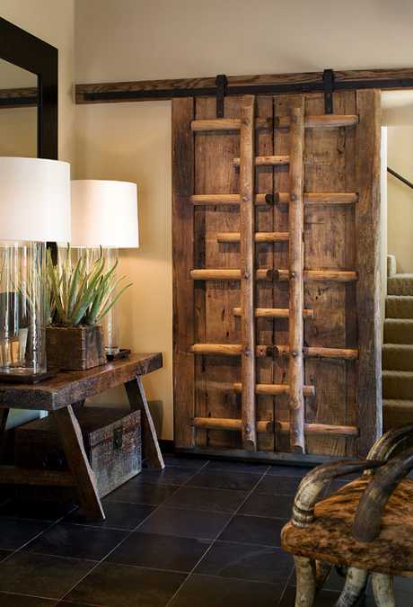 rustic wood entryway bench and wall design