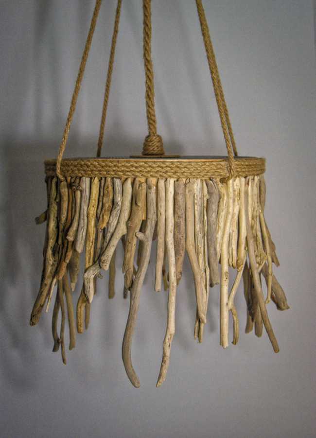 natural rope and driftwood used for modern chandelier