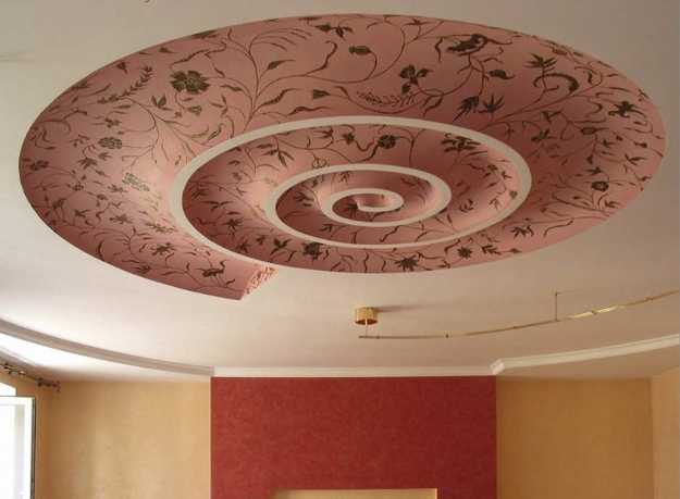 swirl ceiling design with pink wallpaper