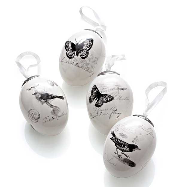 black marker butterflies and birds images on white eggs