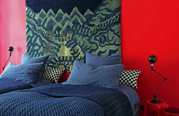 bedroom decorating, red wall paint and ethnic decorating ideas