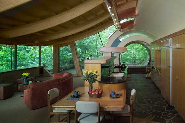 interior design with curved wood beam ceiling