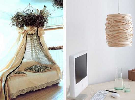 unique bed design and lighting fixture inspired by bird nest shapes