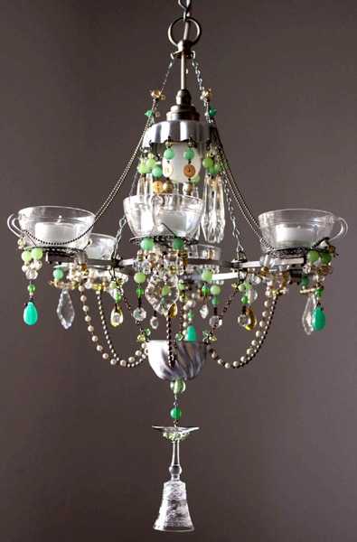 green beads and clear glass cups chandelier