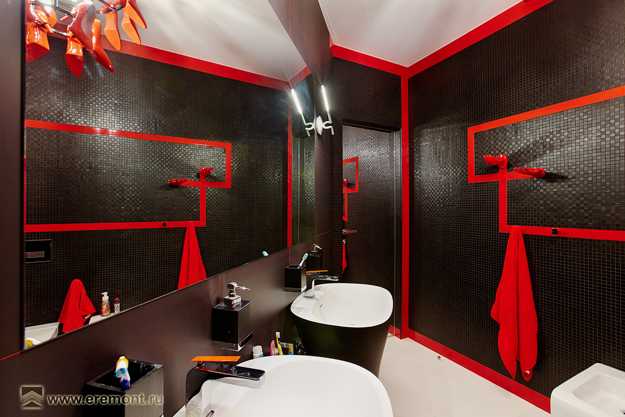 black and red color scheme, modern bathroom design