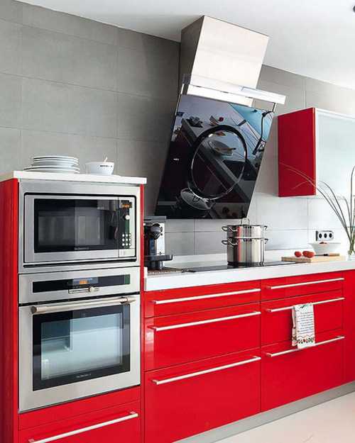 2 Modern Kitchen Designs in White and Red Colors Creating Retro Modern