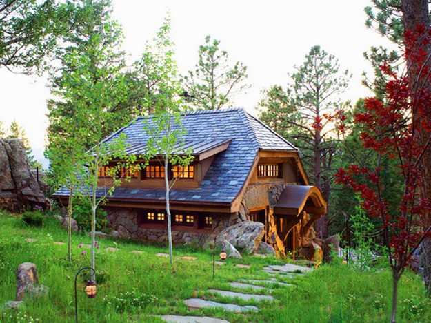 stone path to countru home designed with stone and wood