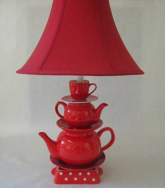 tea pots table lamp with red lamp shade