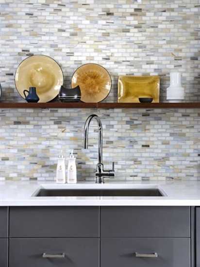 modern kitchen design with wooden shelf and mosaic wall tiles