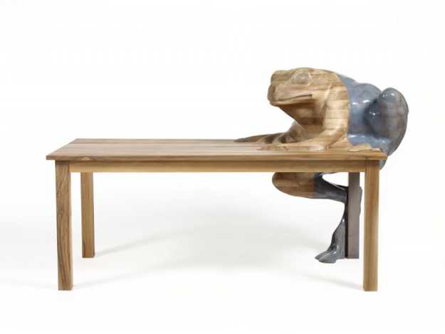 wooden table with frog