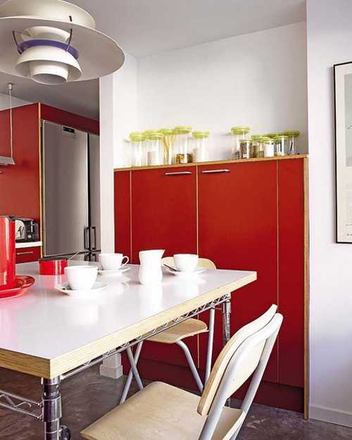 2 Modern Kitchen Designs in White and Red Colors Creating Retro Modern