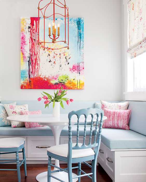bright artwork in contemporary style, decorative pillows for breakfast nook