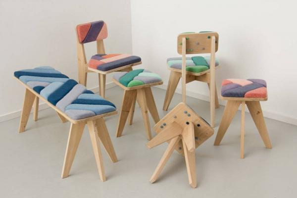 wood furniture, modern chairs, stools and benches with colorful soft cushions