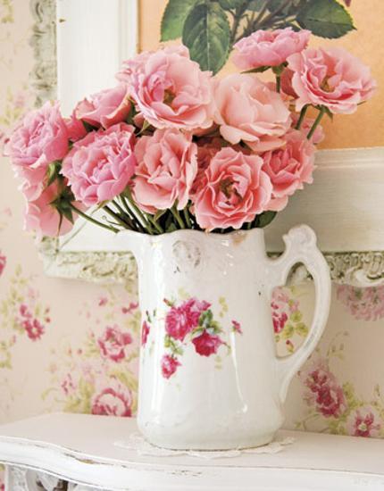 romantic mothers day gifts and ideas, pink flower arrangement in pitcher with roses