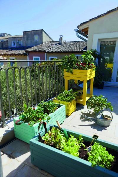 colorful wooden boxes for small garden design