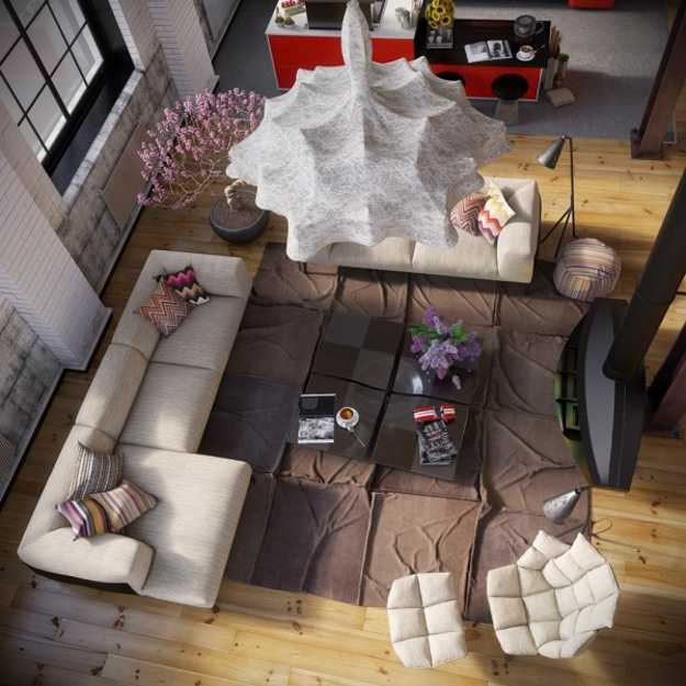 living room furniture and unique lighting fixture