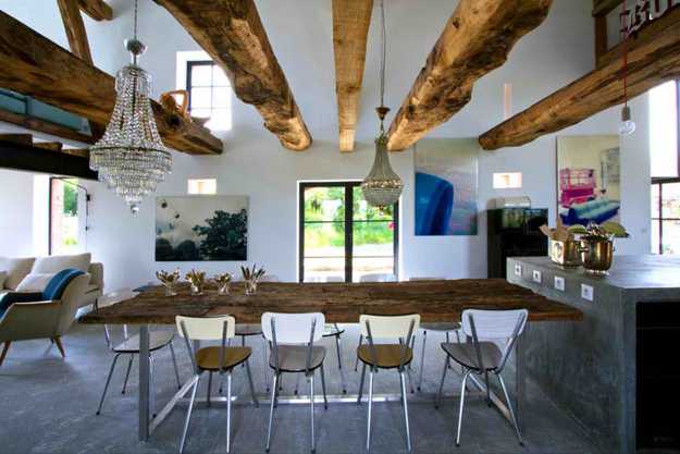 salvaged wood ceiling beams and dining table