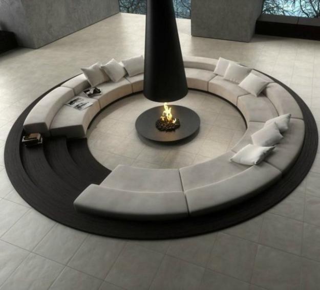 round sunken seating area in black and white