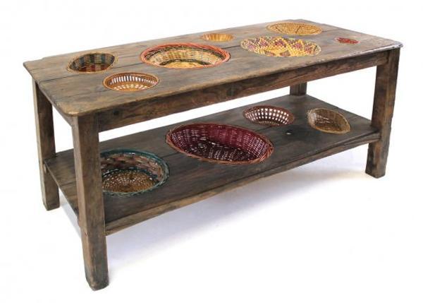 wooden table with shelf and baskets