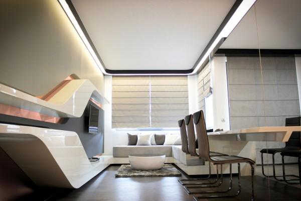 small apartment ideas and interior design in futuristic style