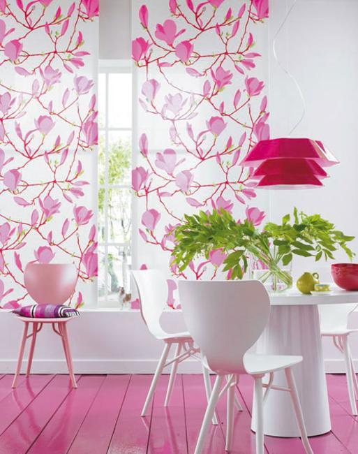 dining room decorating with bright pink color and green indoor plants